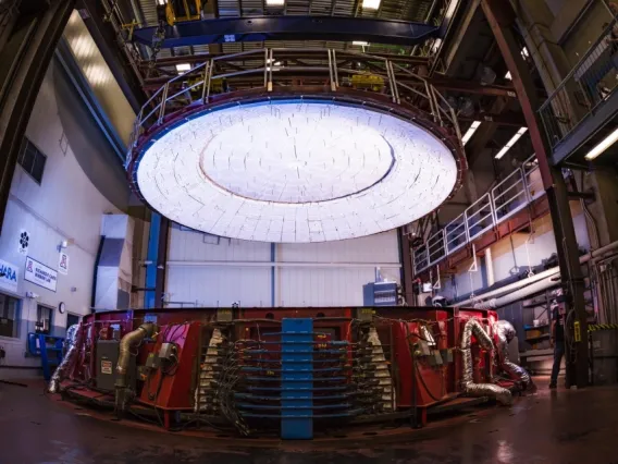 Photo of the giant casting furnace with the lid open at Richard F. Caris Mirror Lab