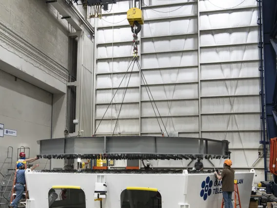 Lowering the simulator onto the test cell, June 2020. Image credit: Steven West | Richard F. Caris Mirror Lab at the University of Arizona