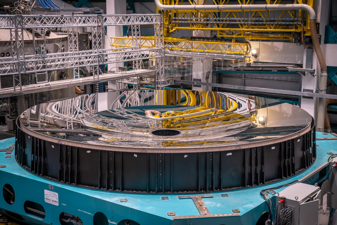 Highly reflective, silvery surface, finished mirror for the Vera C. Rubin Observatory's telescope