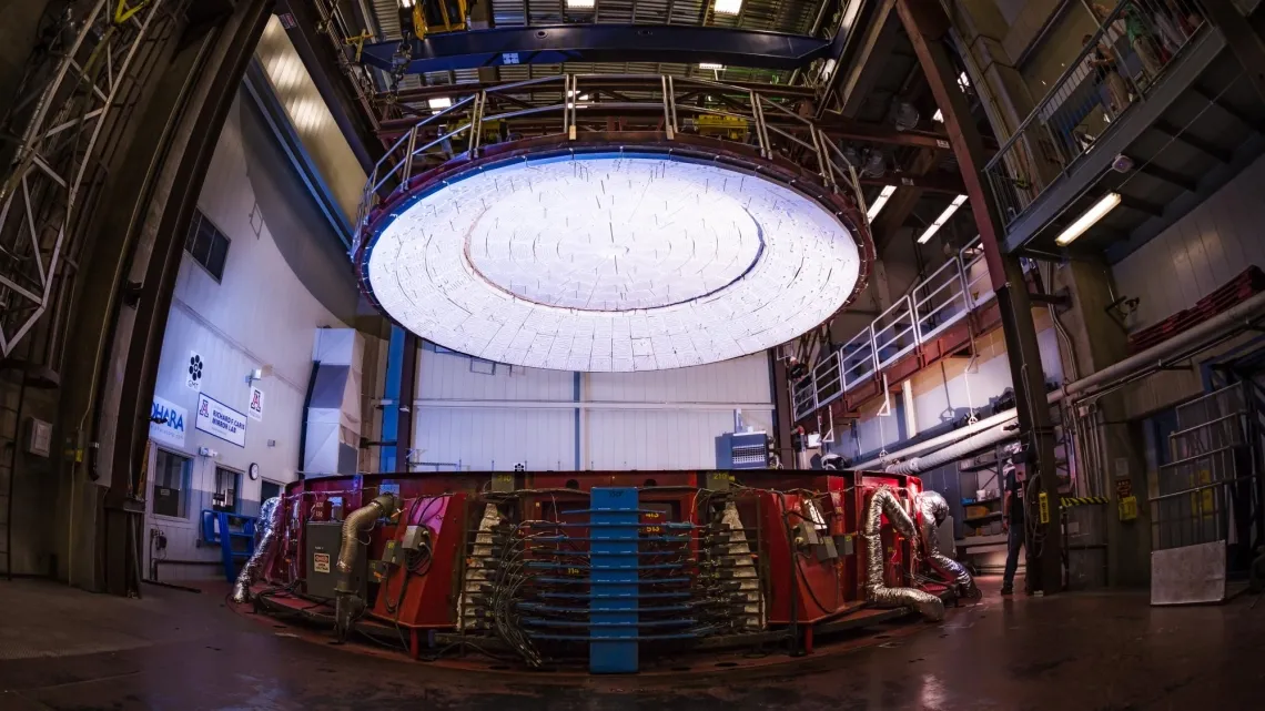 Photo of the giant casting furnace with the lid open at Richard F. Caris Mirror Lab